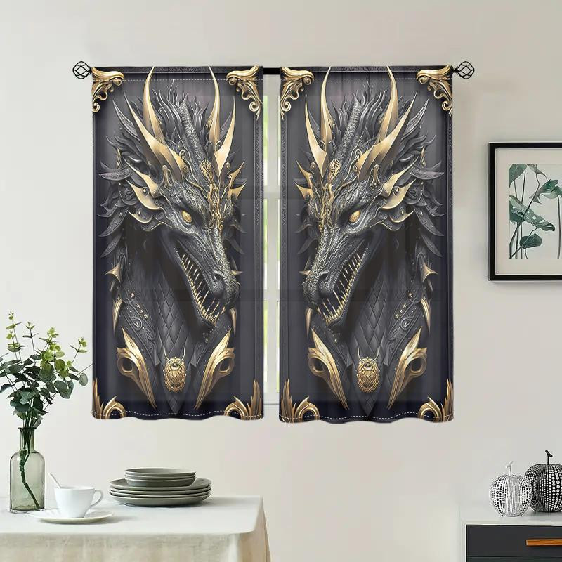 2er-Set halbverdunkelnde Vorhänge mit 3D Drachen-Motiv in Schwarz-Gold, Breite: 150 cm, Höhe: 166 cm - Bild 3