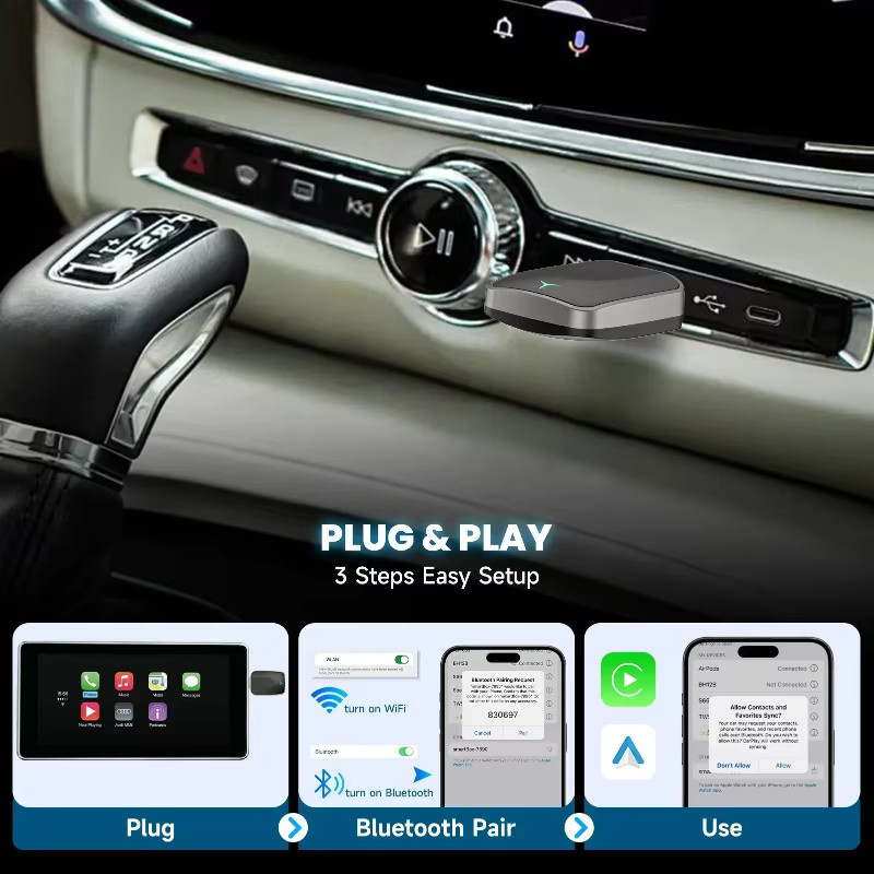 2 in 1 Drahtlose CarPlay AI Box für Android Auto Plug und Play zur Konvertierung von kabelgebundenem CarPlay zu kabellosem CarPlay in Schwarz - Bild 4