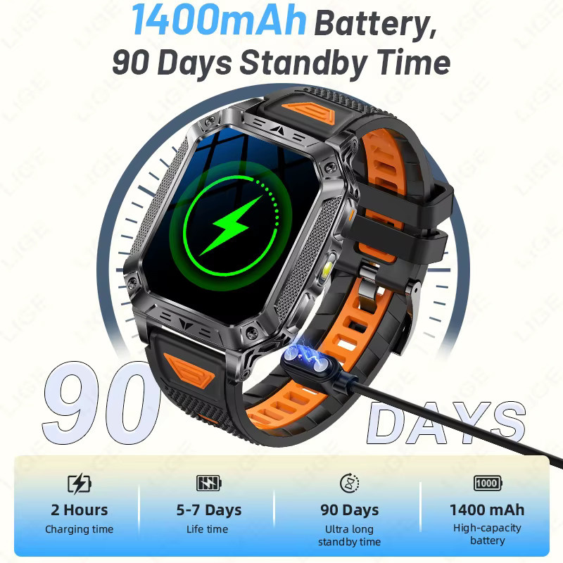 LIGE 2026 Outdoor Militär-Smartwatch für Männer in Schwarz-Orange mit 1400mAh Akku, 5ATM wasserdicht, LED-Taschenlampe, SOS-Rotlicht und Anruffunktion - Bild 4