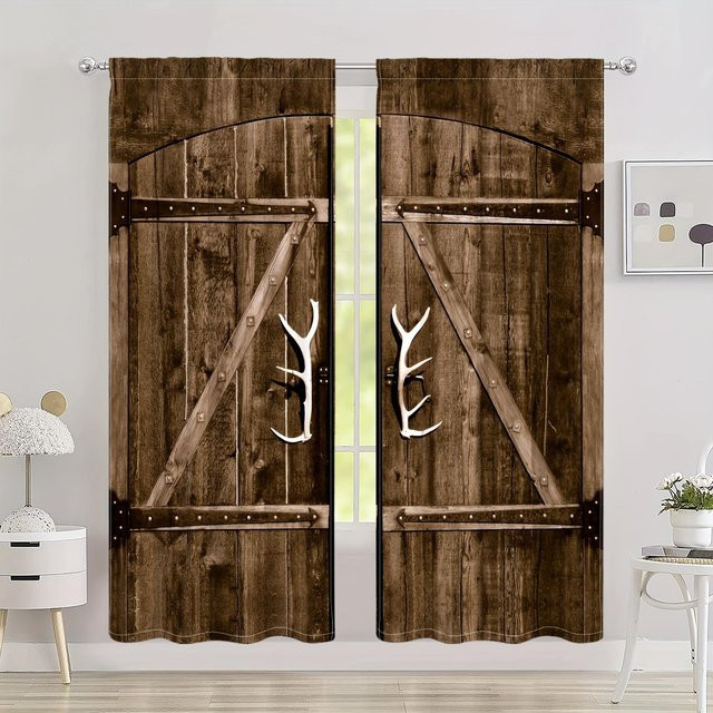2er-Set halbtransparente Vorhänge mit Schloss-Holztür-Motiv und Tiermotiv in Braun, modern bedruckt für Wohnzimmer und Schlafzimmer, B/H: 50 x 130 cm - Bild 1