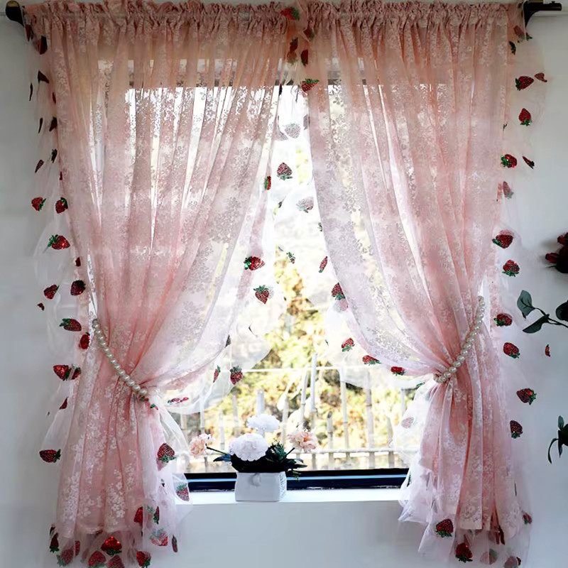 WPKIRA Spitzenvorhang Rosa mit Erdbeer-Pailletten und floralem Design für Wohnzimmer und Schlafzimmer B: 120 cm, H: 100 cm - Bild 5