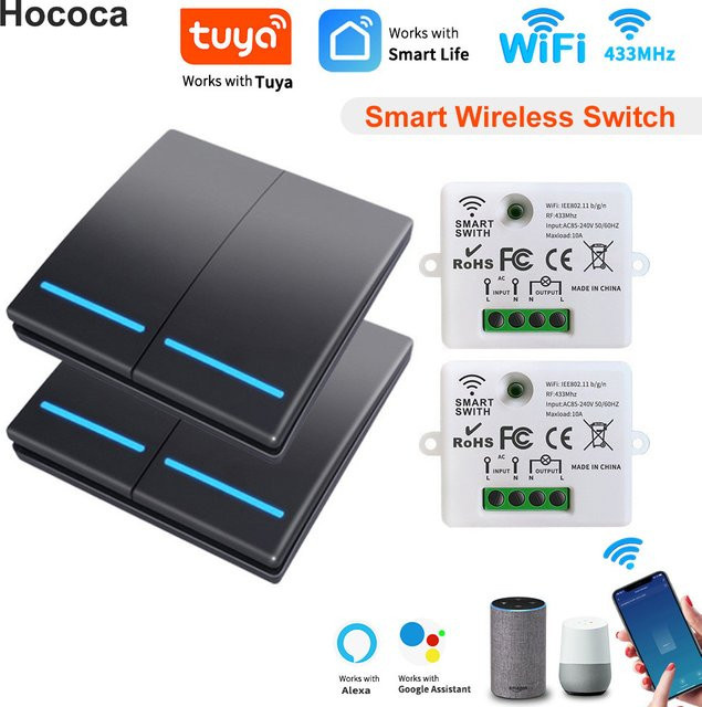 Hococa Tuya Smart Funk-Lichtschalter Typ 86 mit Fluoreszenzstreifen-Panel, batteriebetrieben, Schwarz - Bild 1