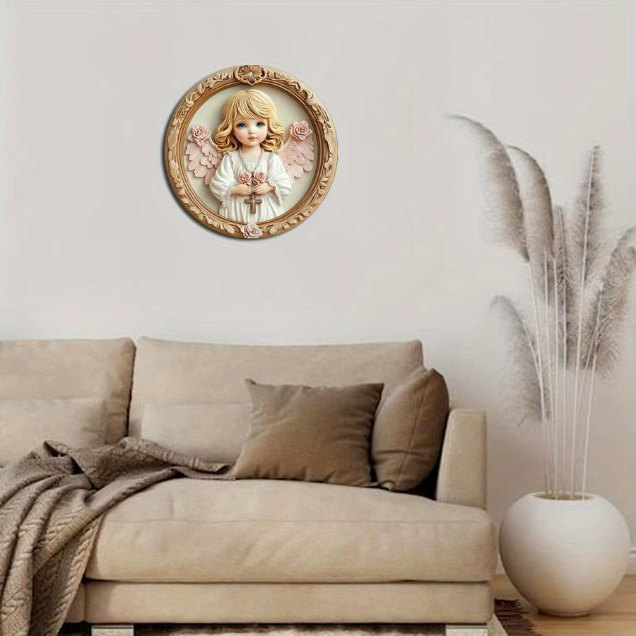 Potdemiel Vintage Angel Girl Wandkunstschild aus Aluminium mit Blumen- und Kreuzdesign, rund, Mehrfarbig, Durchmesser: 20,3 cm - Bild 3