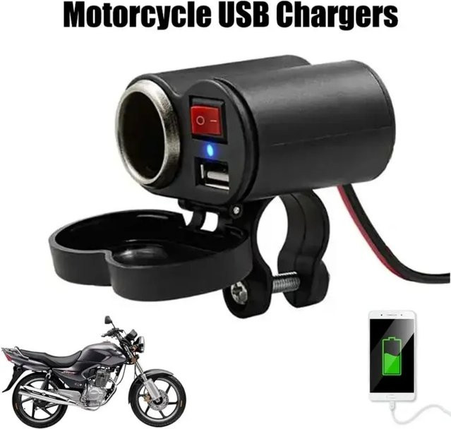 Sikeo 12V Motorrad-Lenker-USB-Ladegerät mit USB-C Anschluss und Schalter, wasserdichte Zigarettenanzünder-Buchse in Schwarz für Mobiltelefone, Tablets und GPS - Bild 1
