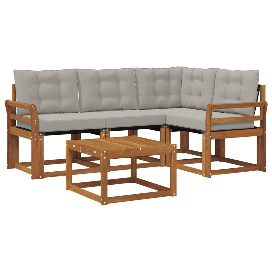 vidaXL Outdoor-Sofagarnitur 5-teilig aus Akazienholz und Textilene in Natur und Hellgrau mit UV-beständigen Kissen - Bild 2