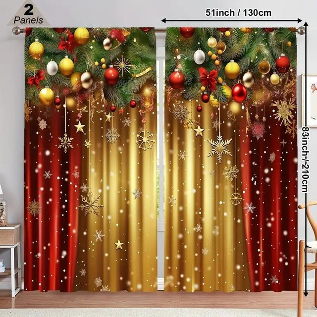 2er-Set Weihnachts-Vorhänge mit Schneemann- und Tannenbaum-Design aus Polyester, halbtransparent, Mehrfarbig, Breite: 65 cm, Höhe: 60 cm - Bild 1