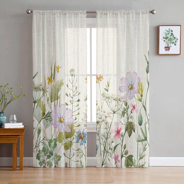 A Family Of Home Textiles Transparenter Tüllvorhang mit floralem Frühlingsblumen-Design, 2er-Set, B: 135 cm, H: 114 cm - Bild 1