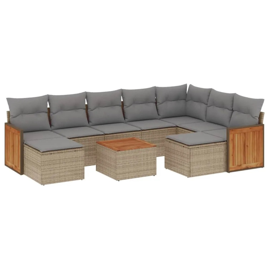 vidaXL 10-tlg. Garten-Sofagarnitur aus Poly-Rattan und Akazienholz in Beige-Grau mit UV-beständigen Kissen - Bild 2