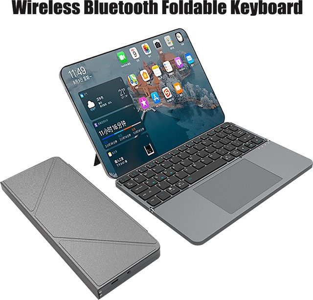 luxuglow Bluetooth Kabellose Faltbare Tastatur mit Touchpad und Lederhülle in Grau für Tablet und iPad - Bild 1