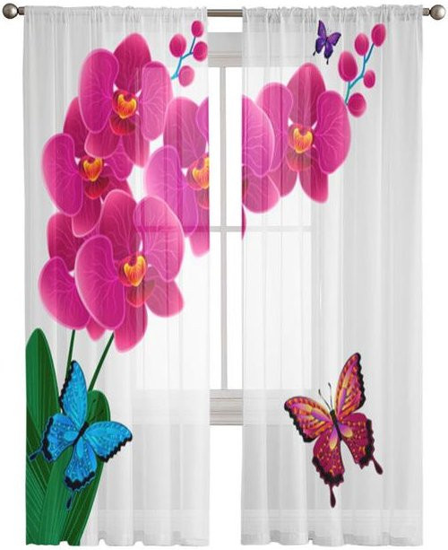 A Family Of Home Textiles Orchideen-Gardine in Rosa mit floralem Design, halbtransparent, Breite: 135 cm, Höhe: 114 cm - Bild 1