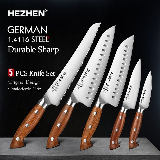 HEZHEN Küchenmesser-Set aus 14116 Stahl mit rotem Holzgriff und Kernklinge - Bild 1