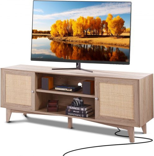 VEVOR Rattan TV-Ständer im Boho-Stil in Eiche und Braun - Bild 1