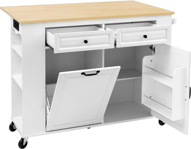 okwish Kücheninsel mit Rollen und Ausziehtisch in Weiß, inklusive Abfallbehälterfach und Handtuchhalter, B/T/H: 120 x 40 x 92 cm - Bild 1