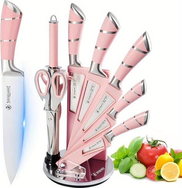 MDHAND 9-teiliges Küchenmesser-Set in Pink mit Acrylständer inklusive Chefmesser, Brotmesser, Schälmesser, Küchenschere, Messerschleifer und Hackmesser - Bild 1