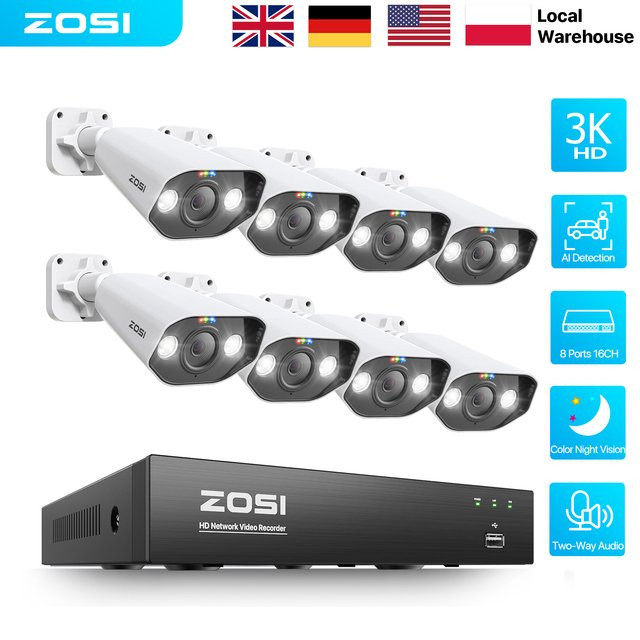 ZOSI 8-Kanal 4K PoE CCTV Sicherheitskamerasystem mit 5MP IP-Überwachung, 2-Wege-Audio und Farbnachtsicht in Weiß - Bild 1