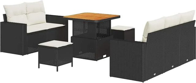 vidaXL Garten-Sofa-Set 8-teilig aus Poly Rattan und Stahl in Schwarz mit Polsterkissen und Tisch - Bild 1