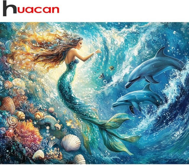 Huacan Diamantgemälde Unterwassertiere mit Meerjungfrau und Delfin, Wanddekoration in Mehrfarbig, B/H: 30 x 20 cm - Bild 1