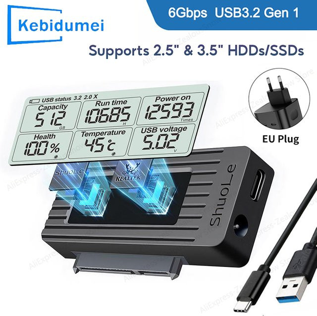 KEBIDUMEI USB zu SATA Adapter mit Digitalanzeige, USB 3.2 3.0 zu SATA III Konverter für 2,5 und 3,5 Zoll SSD HDD Festplatten, Schwarz - Bild 1