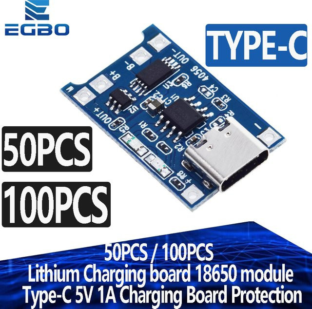 egbo Lithium-Ladekarte TP4056 für 18650 Akkus mit USB-C Anschluss und Doppel-Schutzfunktion, Blau - Bild 1