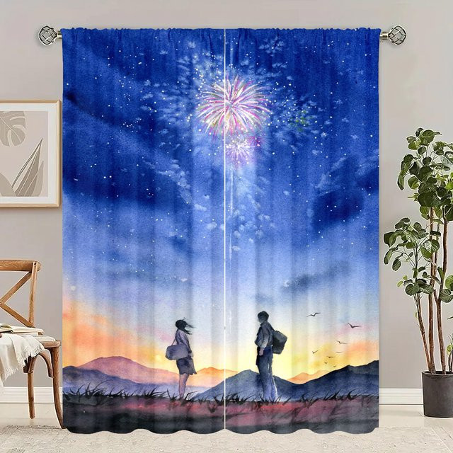 Yiran Furniture Vorhang Set aus Polyester mit Natur-Print, 2 Stück, Blau, semi-transparent - Bild 1