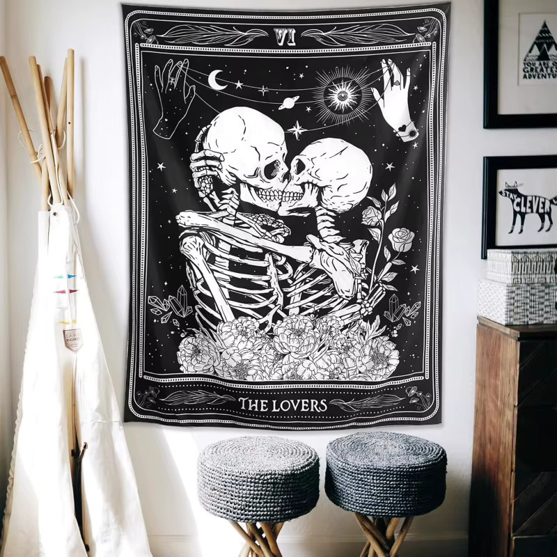 VIKAMA Wandteppich mit Skelett-Embrace-Design in Schwarz, Boho-Stil, B/H: 60 x 40 cm - Bild 3