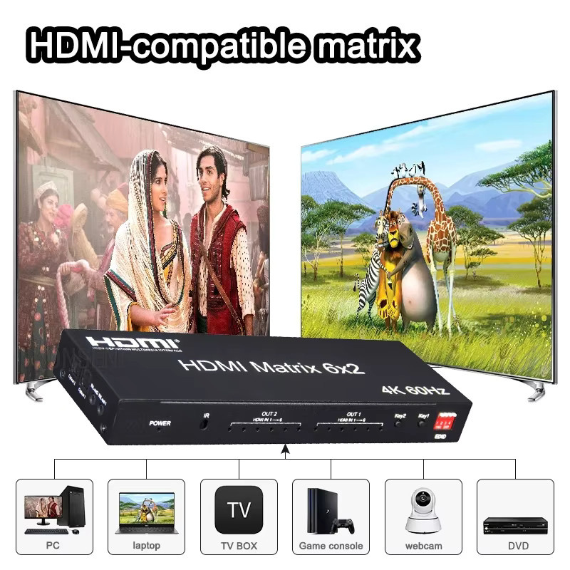 Konsenda 6x2 HDMI Matrix Switch 4K 60Hz Video Switcher Splitter mit optischem R/L Audio Extractor, Schwarz - Bild 6