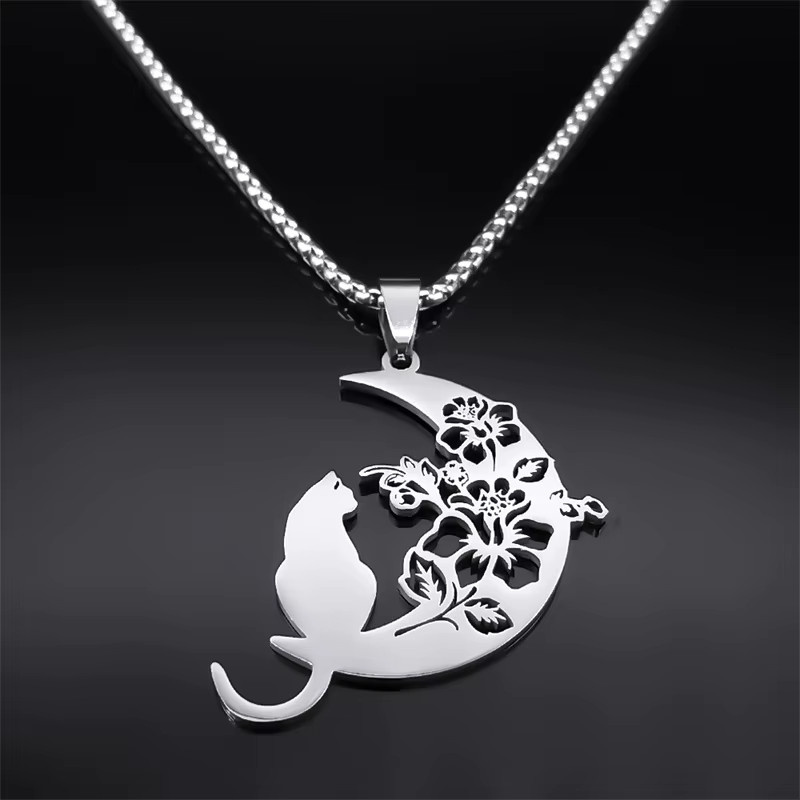 AFAWA Halskette Katze Blume Mond, Edelstahl, Silber, Unisex, Böhmen - Bild 3
