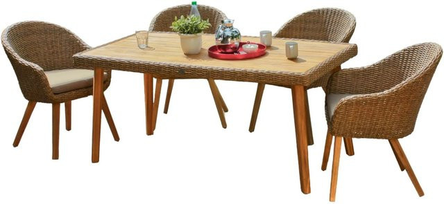 DELUKE Garten-Sitzgruppe ALICIA 5-tlg. aus Akazie in Cognac mit Esstisch und Stühlen - Bild 1