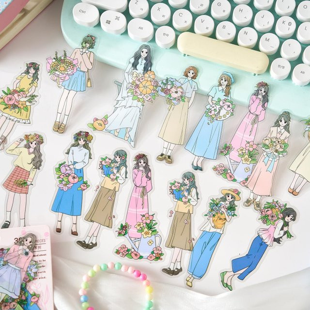 30 Blatt Kawaii Anime Aufkleber mit Blumen-Mädchen Charakter für Journal und Scrapbook DIY Dekoration, Mehrfarbig - Bild 1