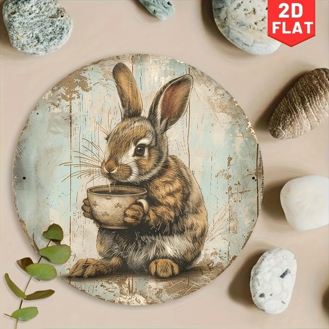 Potdemiel Rundes Metallschild Coffee Bunny Wandkunst Dekoration Vintage Mehrfarbig Durchmesser: 20 cm - Bild 1