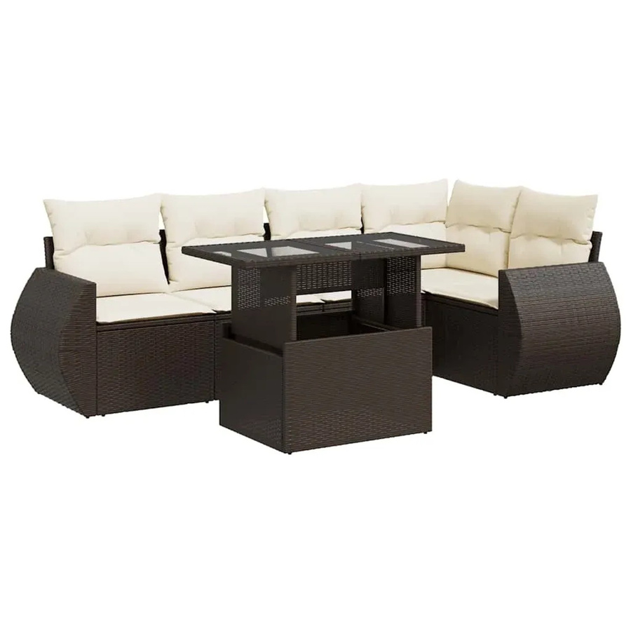 vidaXL 6-teilige Garten-Sofagarnitur in L-Form aus braunem Poly-Rattan mit cremeweißen Kissen und pulverbeschichtetem Stahlgestell - Bild 2