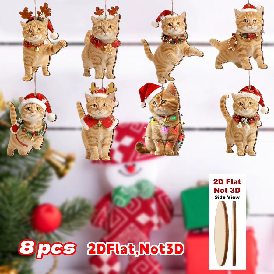 8 Stück DUTRIEUX Weihnachts-Holzornamente in Form von orangefarbenen Katzen, 2D flach im klassischen Stil - Bild 3