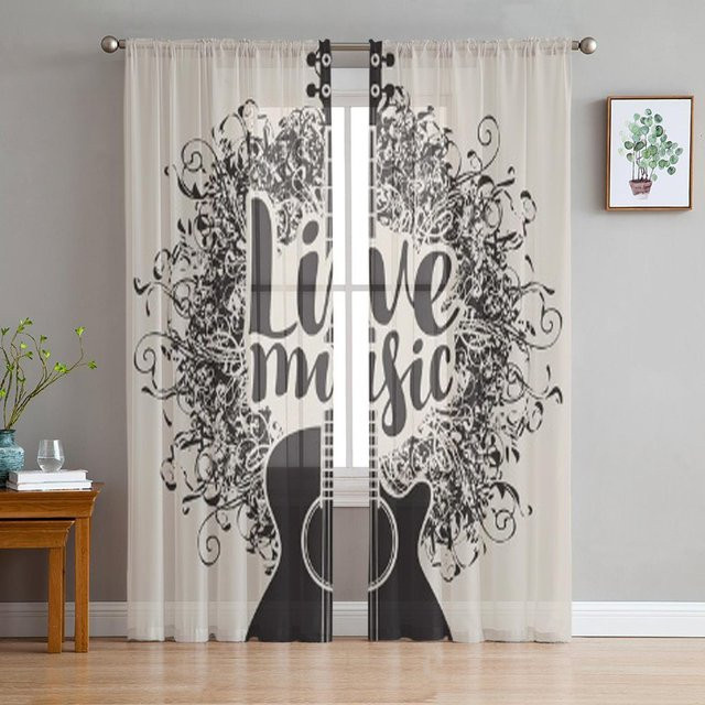A Family Of Home Textiles Transparente Tüllvorhänge mit Gitarren- und Musikmotiv, 2er-Set, Farbe: Weiß/Transparent, Breite: 135 cm, Höhe: 213 cm - Bild 1