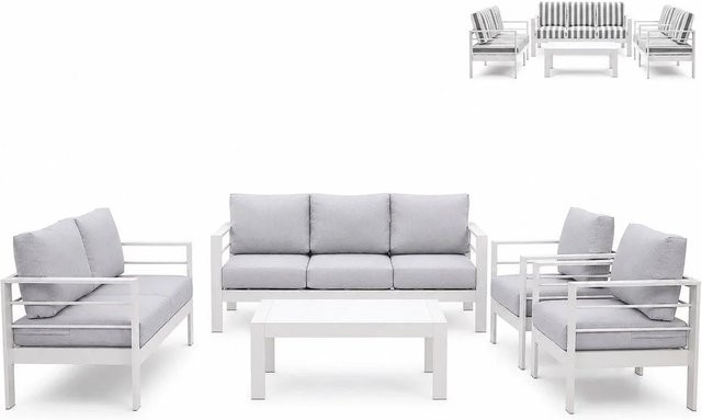 MeXo Gartenmöbel Set für 7 Personen aus Aluminium und WPC in Weiß mit grau gestreiften Ersatzkissenbezügen - Bild 1