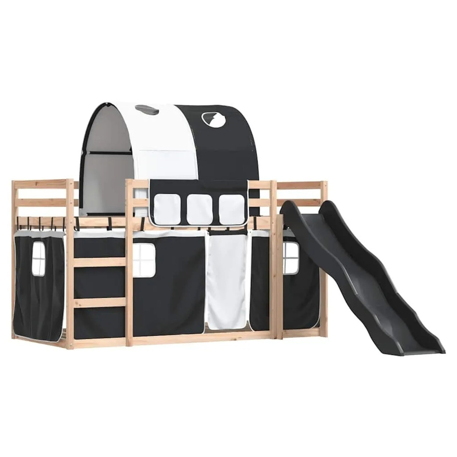 vidaXL Etagenbett für Kinder aus Kiefernholz mit Rutsche und Gardinen, Weiß und Schwarz, B/T/H: 80 x 200 cm - Bild 2