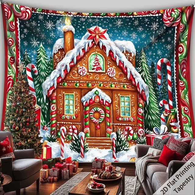 VIKAMA Weihnachts-Wandteppich im amerikanischen Stil mit Lebkuchenhaus Motiv als Wanddekoration - Bild 1