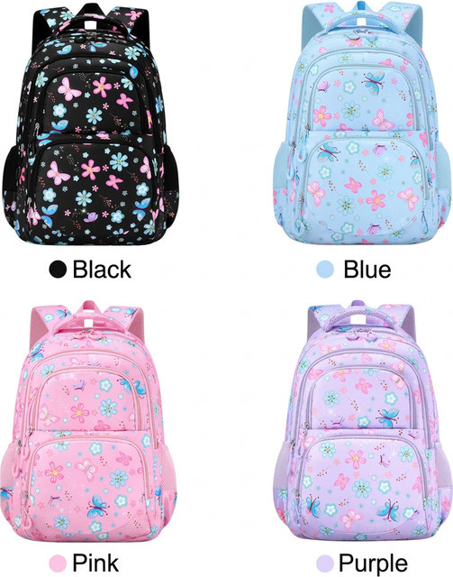 3-teiliges Schulranzen-Set für Kinder mit Schmetterlings- und Blumenmuster in Schwarz, wasserabweisender leichter Rucksack inklusive isolierter Lunch-Tasche und Federmäppchen - Bild 1
