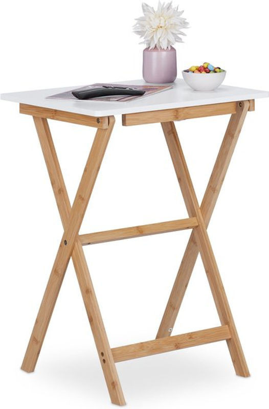 Relaxdays Klapptisch aus Bambus in Weiß-Natur, platzsparender Beistelltisch, H x B x T: 63 x 47,5 x 37 cm - Bild 1