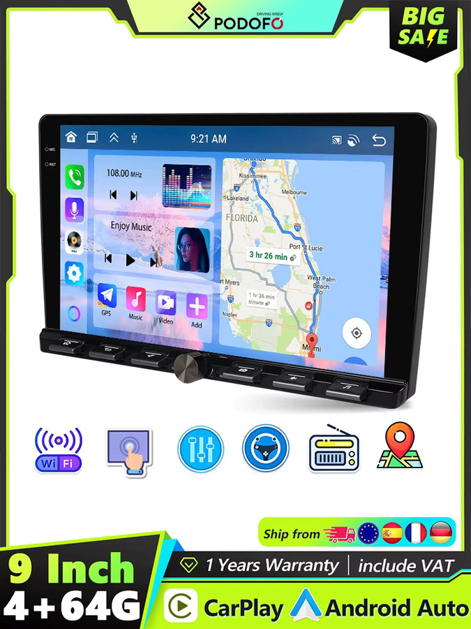 Podofo 2DIN Android Autoradio mit 4G LTE, 4+64G Speicher, kabellosem Carplay und Android Auto, WIFI, GPS und FM/RDS Stereo in Schwarz - Bild 5