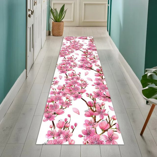 VIKAMA Japanischer Sakura Flurteppich in Pastellrosa mit Kirschblüten-Design im Japandi Zen-Stil - Bild 1