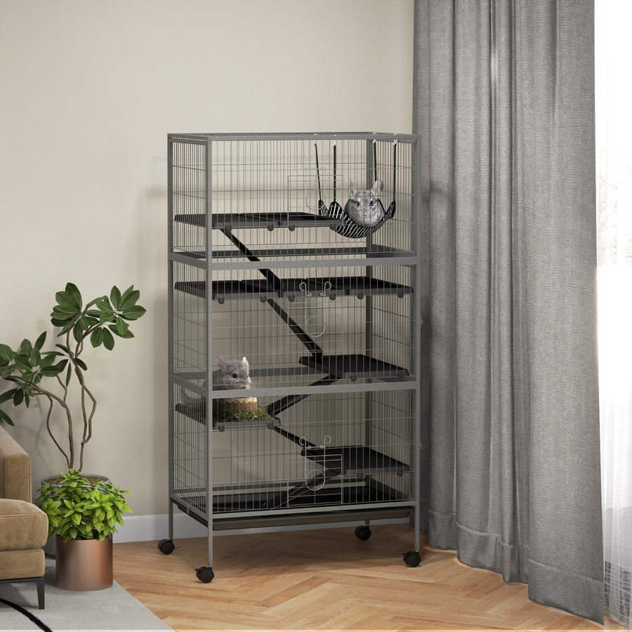Pawhut Nagetierkäfig von Aosom mit 4 Ebenen, 3 Rampen und 4 Türen aus Stahl in Grau-Silber-Schwarz, H x B x T: 159 x 52 x 80 cm - Bild 2