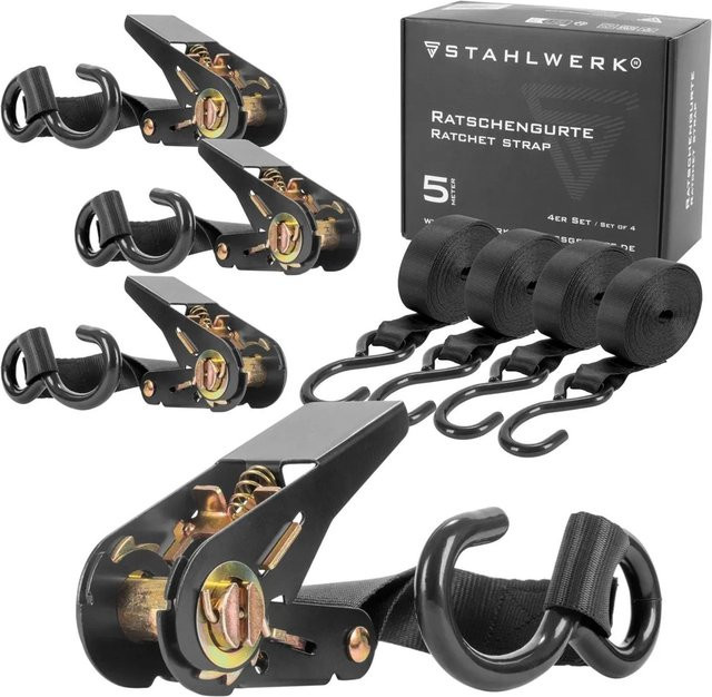 STAHLWERK Ratschengurt Set 4er Pack in Schwarz mit Haken, Länge: 5 m, Breite: 25 mm, Belastbarkeit: 800 kg - Bild 1