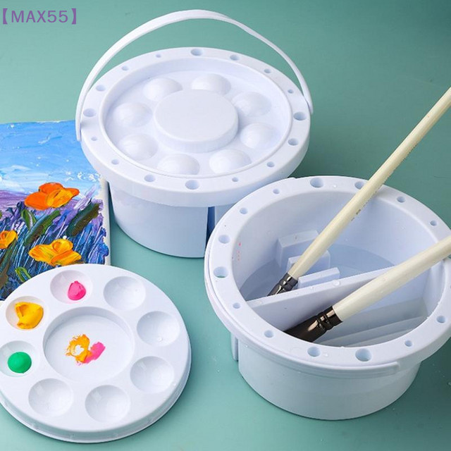 JTZTF MAX-55 3-in-1 Pinselwascher-Eimer mit Palettendeckel und Pinselhalter in Weiß aus Kunststoff für Aquarell- und Ölmalerei - Bild 1