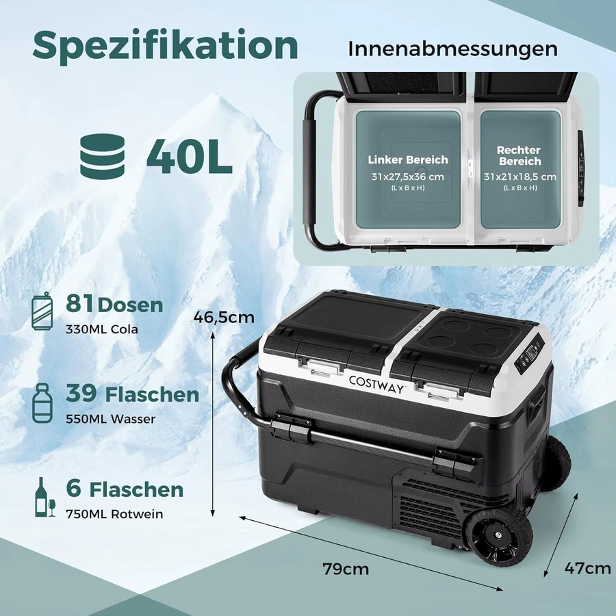 GOFLAME Kompressor-Kühlbox 40 l in Schwarz mit LED-Anzeige, USB-Ladeanschluss und Temperaturregelung von -20 bis 20 Grad Celsius, AC/DC Mini-Kühlschrank - Bild 6
