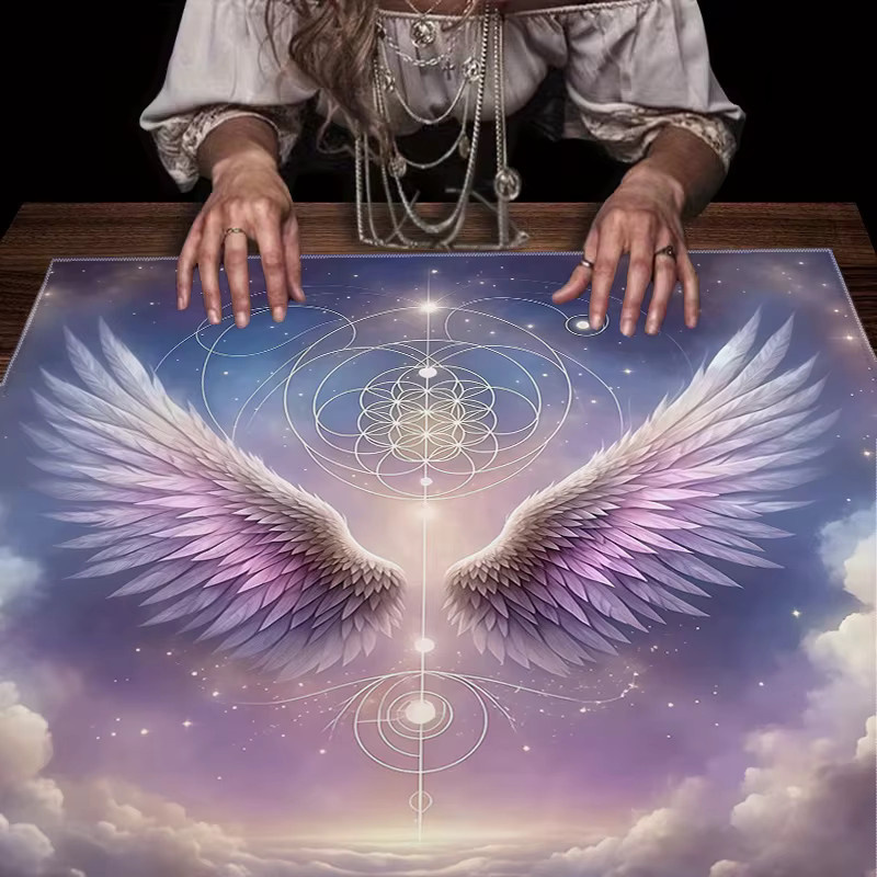 VIKAMA Tarot-Kartentuch Engelsflügel Blume des Lebens in Lila aus Leinen für Meditation und Wahrsagung - Bild 2