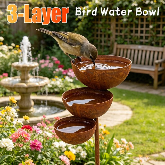 APWIKOGER 3-Schichtiger Garten-Futterspender mit Metallständer und Vogelbad in Braun - Bild 1