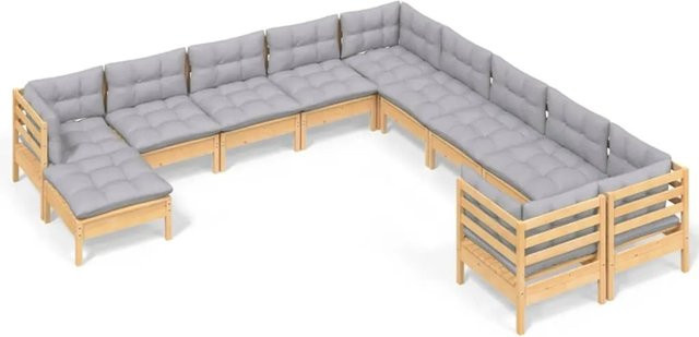 vidaXL Garten-Lounge-Set aus massivem Kiefernholz mit 11 Teilen und grauen Kissen - Bild 1