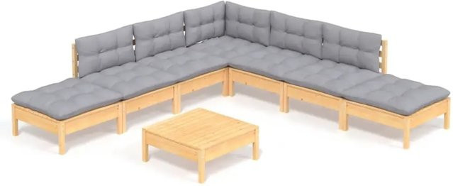 vidaXL 8-teiliges Garten-Lounge-Set aus massivem Kiefernholz mit grauen Kissen - Bild 1