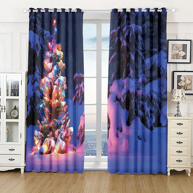 2er-Set Weihnachts Vorhänge mit Cartoon-Sternen und Weihnachtskugeln in Rot und Blau, halbtransparent, Polyester, Breite: 50 cm, Höhe: 130 cm - Bild 1
