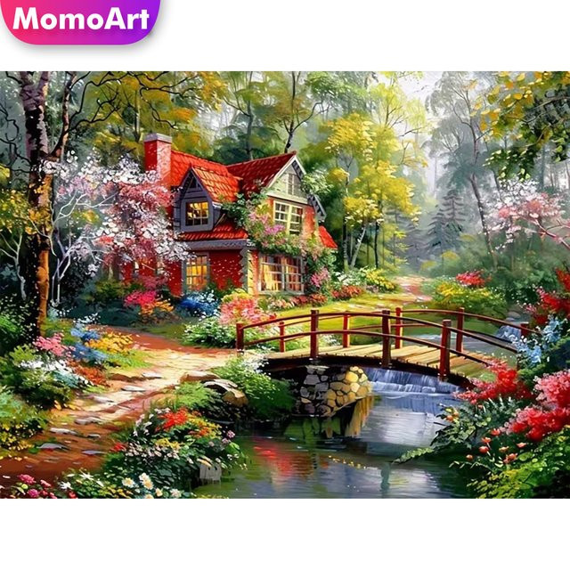 Momoart DIY Diamantmalerei Landschaft mit Brücke als Rundes Diamantmosaik Bastelset in Multicolour - Bild 1